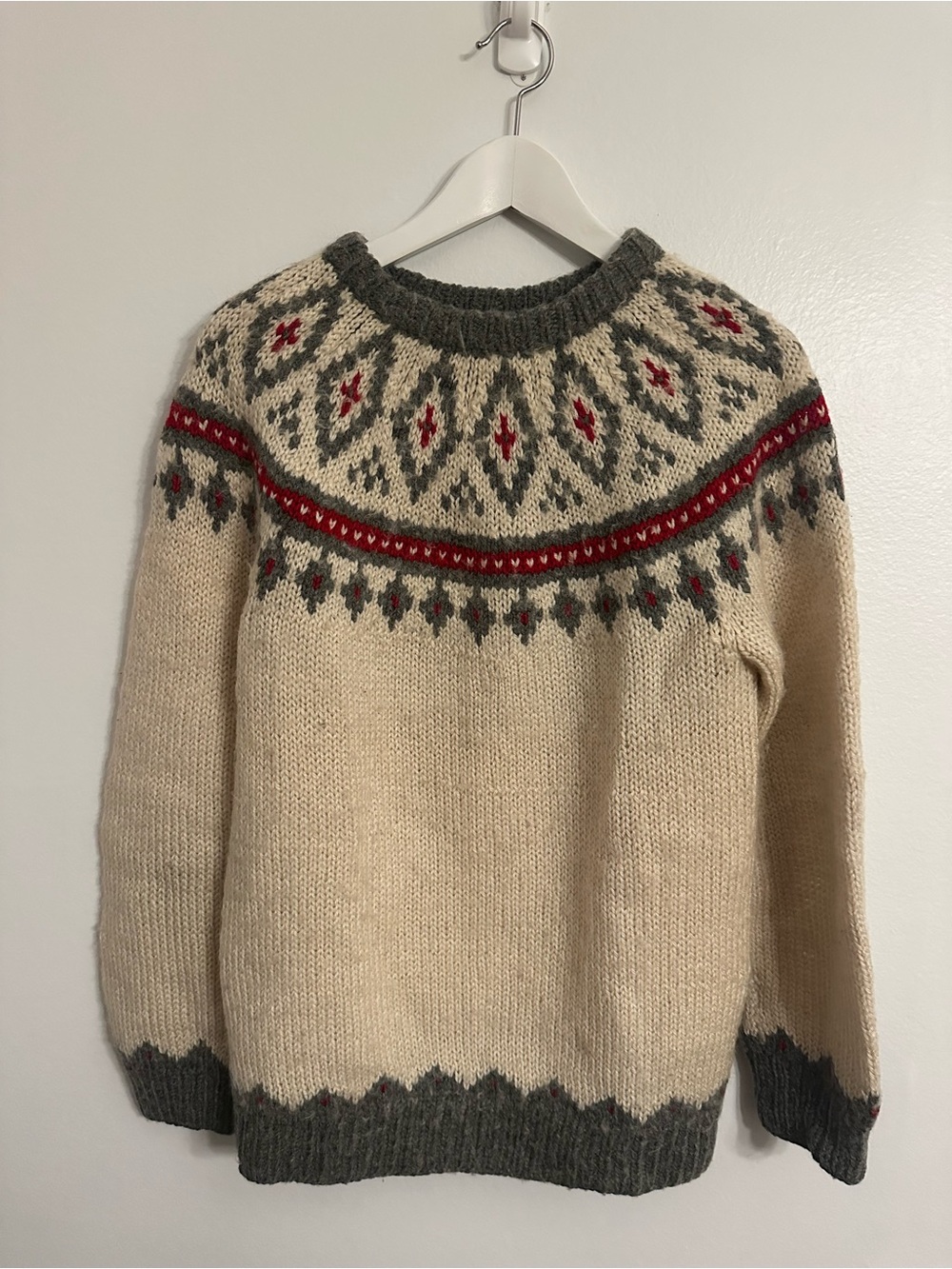 Handmade Wool Fair Isle Nordic Sweater – Cream, Grey & Red - Picture 2 of 13
